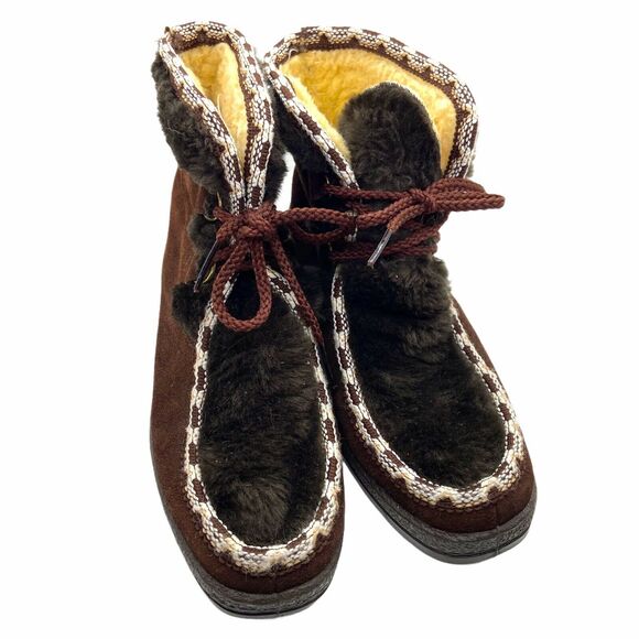 Alpine Booties Boots Winter Vintage Snowland Brown Suede Sherpa Leather Size 8 - Picture 1 of 14
